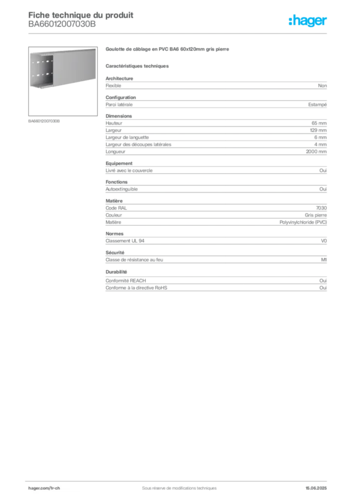 Image Hager Fiche technique du produit BA66012007030B | Hager Suisse