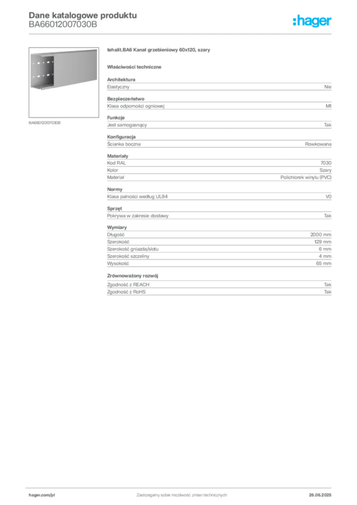 Zdjęcie Hager Karta katalogowa BA66012007030B | Hager Polska