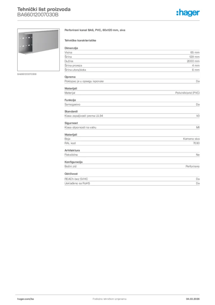 Slika Hager Tehnički list proizvoda BA66012007030B  | Hager