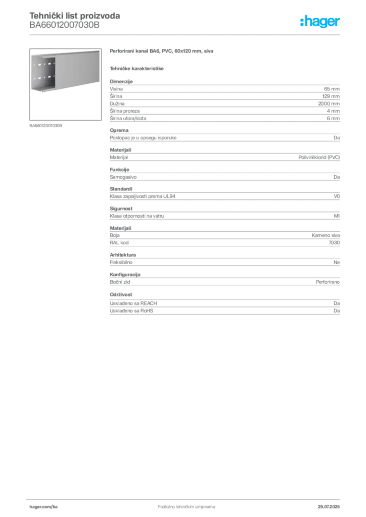Slika Hager Product data sheet BA66012007030B  | Hager