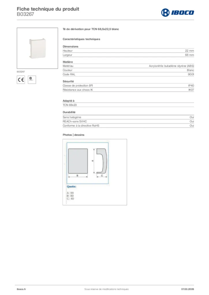 Image Iboco Fiche technique du produit B03267 | Hager France