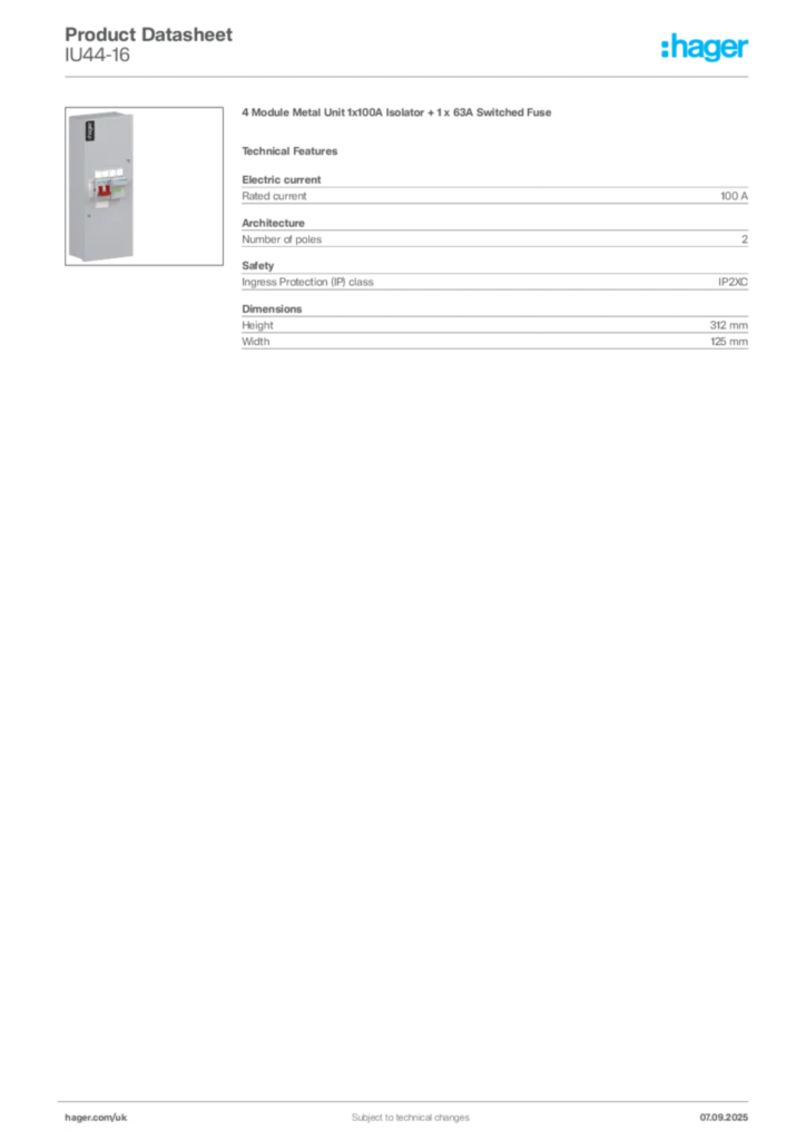 Image Hager Product data sheet IU44-16  | Hager