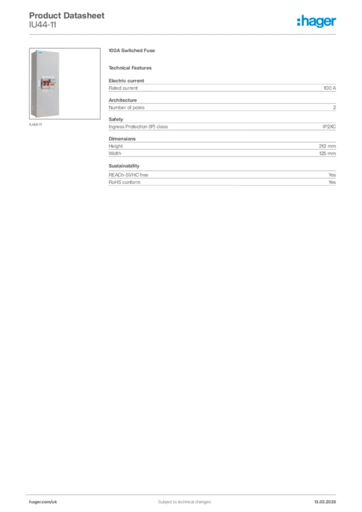 Image Hager Product data sheet IU44-11  | Hager