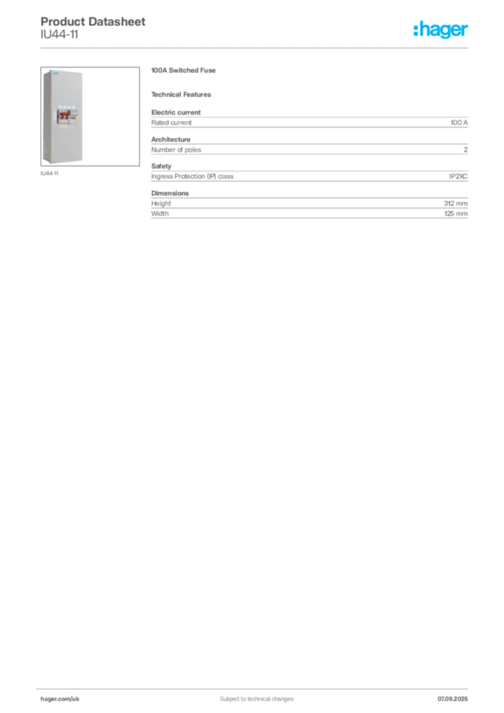 Image Hager Product data sheet IU44-11  | Hager