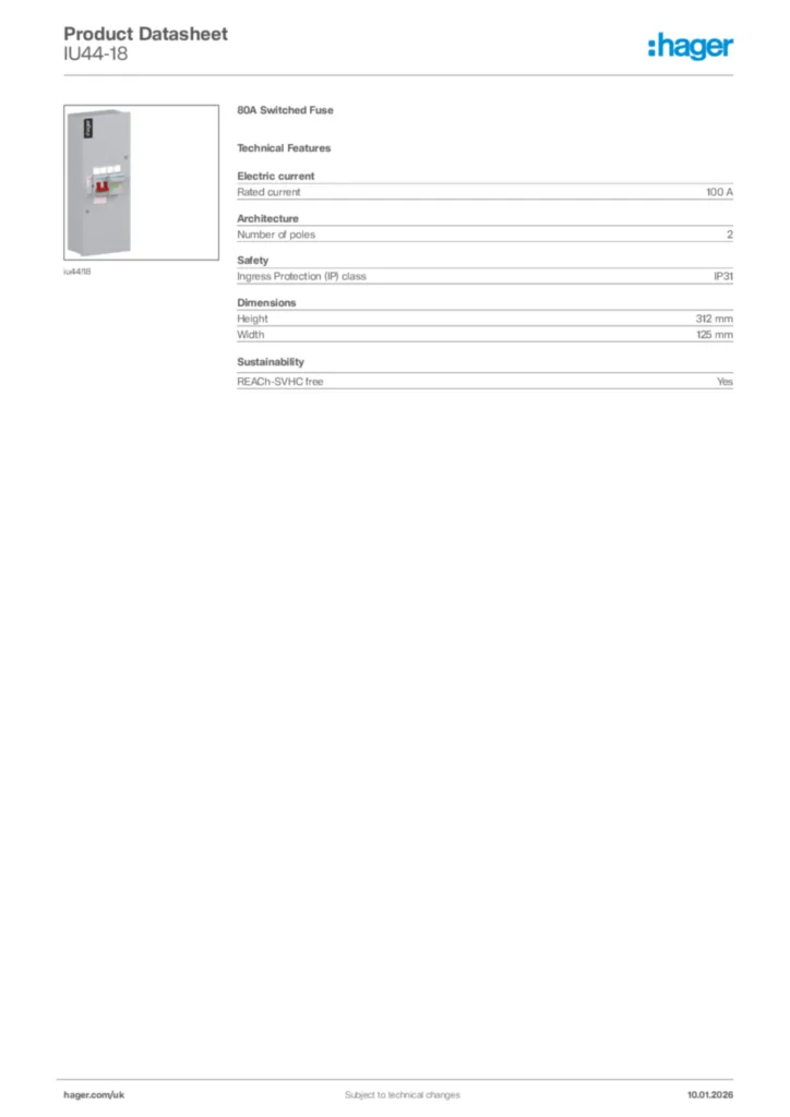 Image Hager Product data sheet IU44-18  | Hager