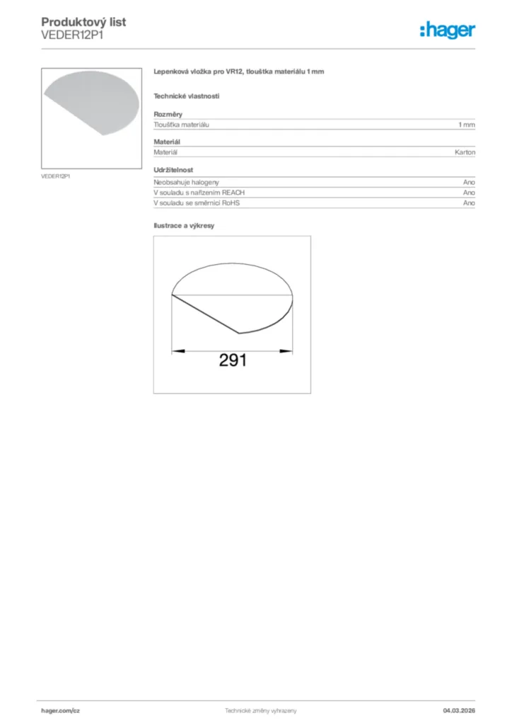 Obrázek Hager Product data sheet VEDER12P1 | Hager