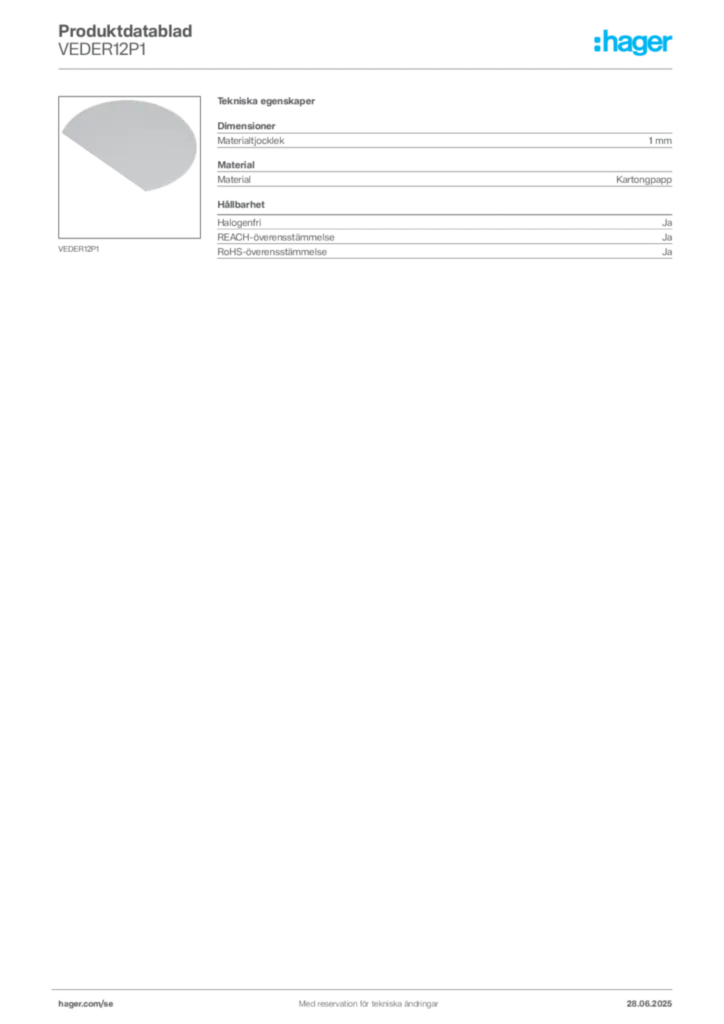 Bild Hager Produktdatablad VEDER12P1 | Hager Sverige