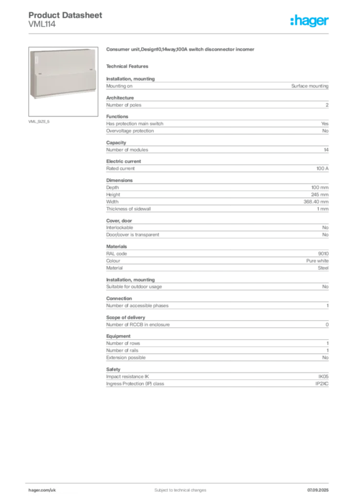Image Hager Product data sheet VML114  | Hager