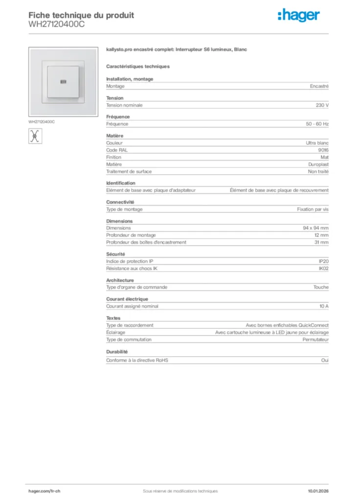 Image Hager Fiche technique du produit WH27120400C | Hager Suisse