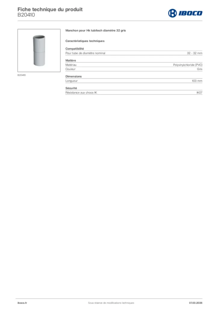 Image Iboco Fiche technique du produit B20410 | Hager France