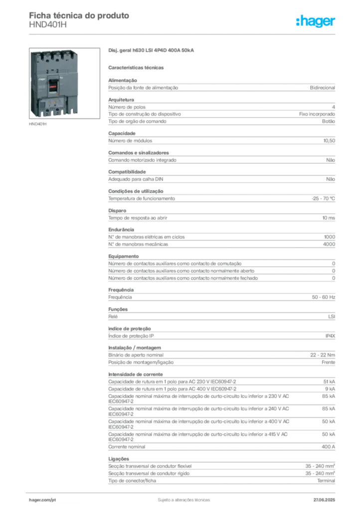 Imagem Hager Ficha técnica do produto HND401H | Hager Portugal