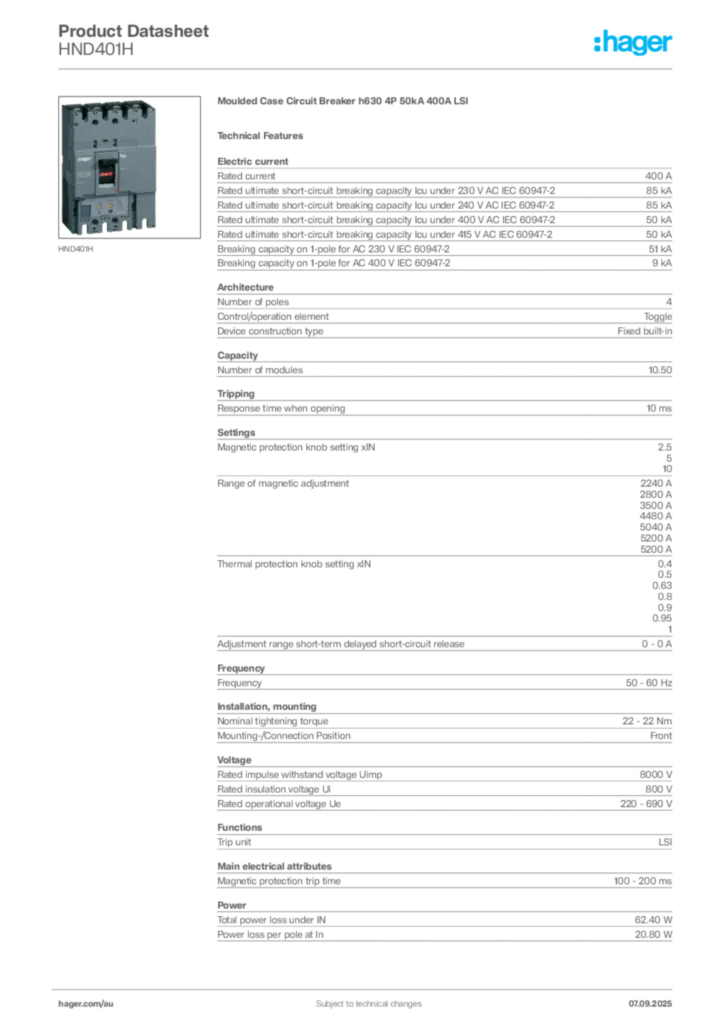 Image Hager Product data sheet HND401H  | Hager Australia