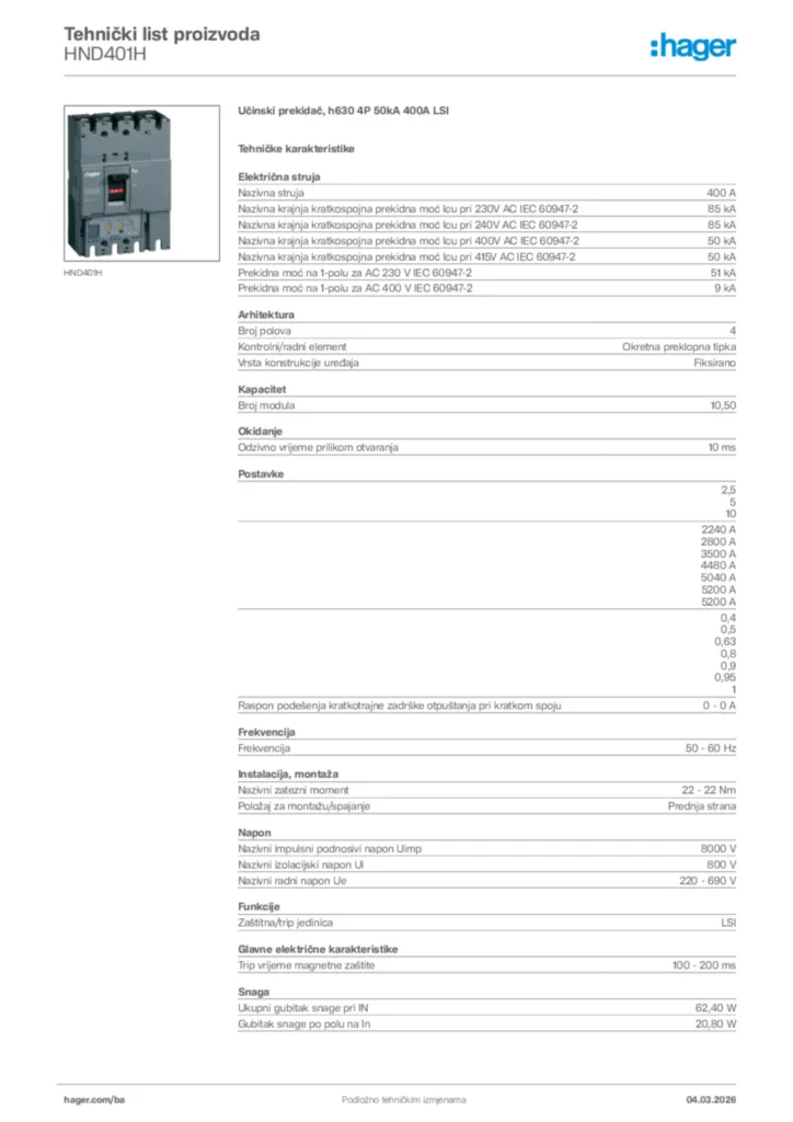Slika Hager Tehnički list proizvoda HND401H  | Hager