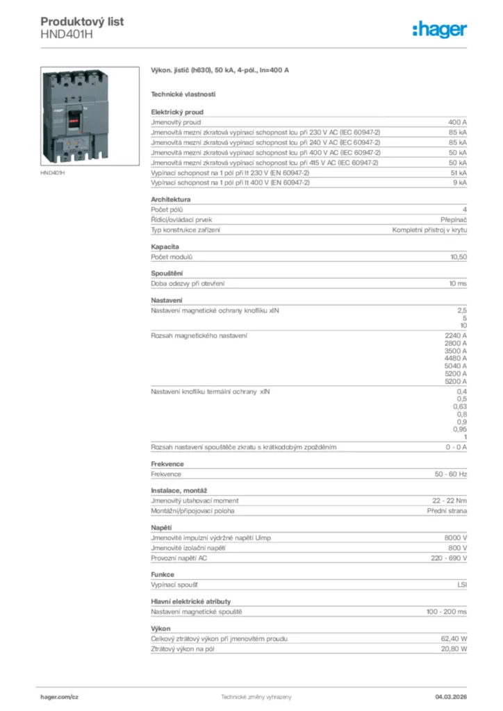 Obrázek Hager Product data sheet HND401H | Hager
