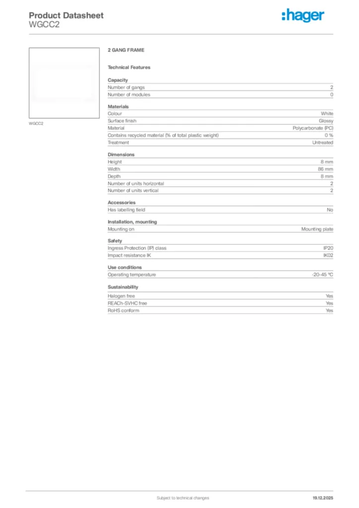 Image Hager Product data sheet WGCC2  | Hager