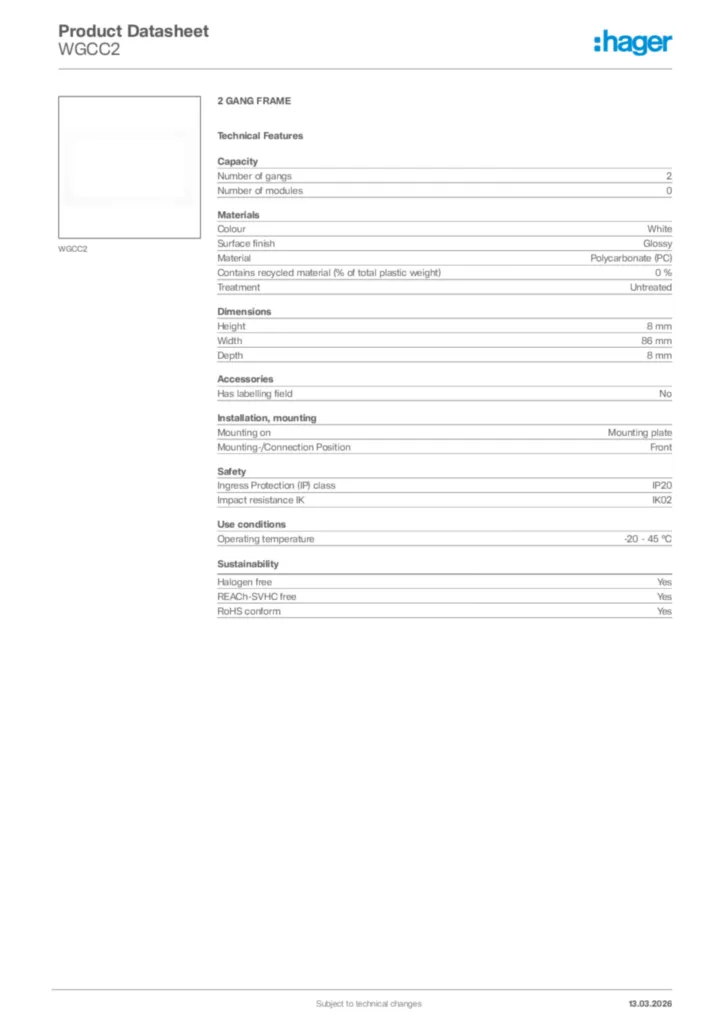Image Hager Product data sheet WGCC2  | Hager