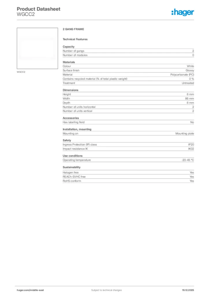 Image Hager Product data sheet WGCC2  | Hager