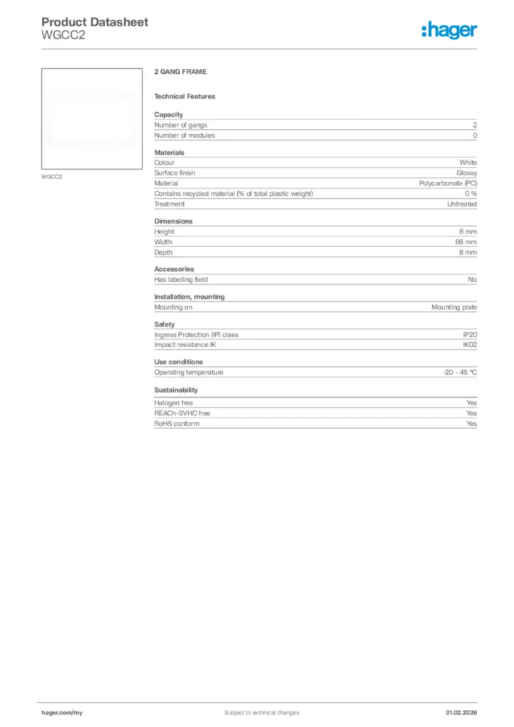 Image Hager Product data sheet WGCC2  | Hager