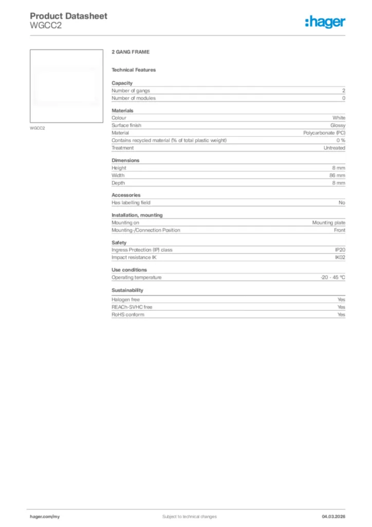 Image Hager Product data sheet WGCC2  | Hager