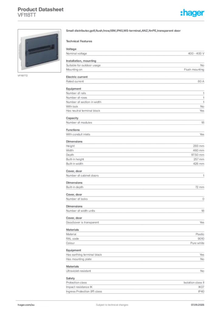 Image Hager Product data sheet VF118TT  | Hager Australia