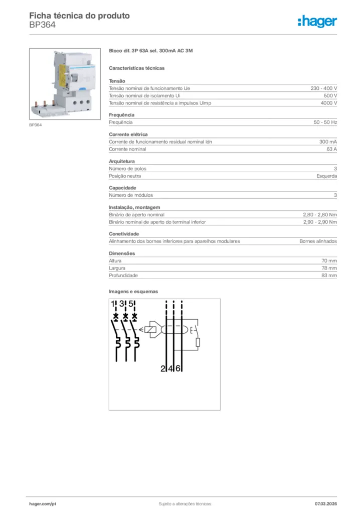 Imagem Hager Ficha técnica do produto BP364 | Hager Portugal