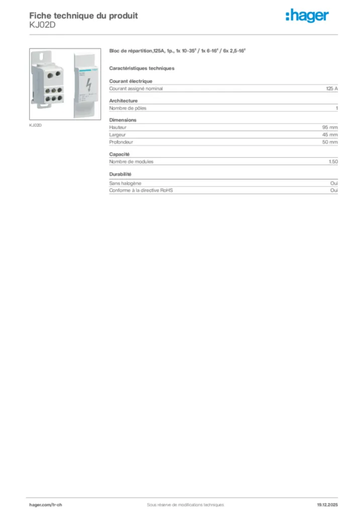 Image Hager Fiche technique du produit KJ02D | Hager Suisse