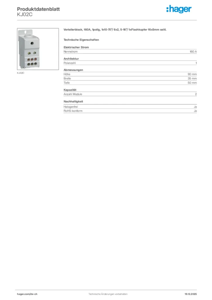 Bild Hager Produktdatenblatt KJ02C | Hager Schweiz