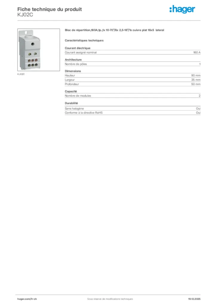 Image Hager Fiche technique du produit KJ02C | Hager Suisse