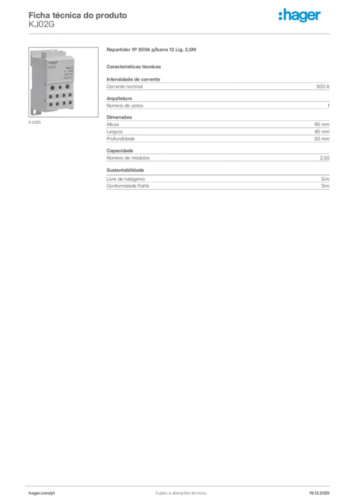 Imagem Hager Ficha técnica do produto KJ02G | Hager Portugal