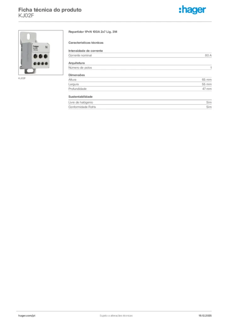 Imagem Hager Ficha técnica do produto KJ02F | Hager Portugal