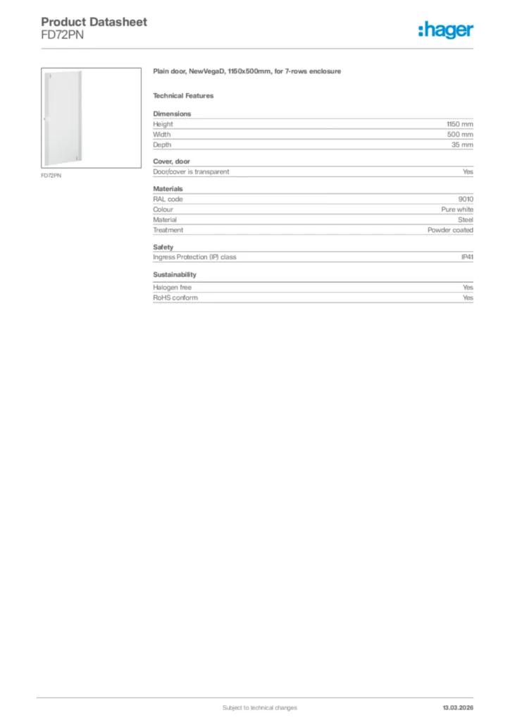 Image Hager Product data sheet FD72PN  | Hager Africa