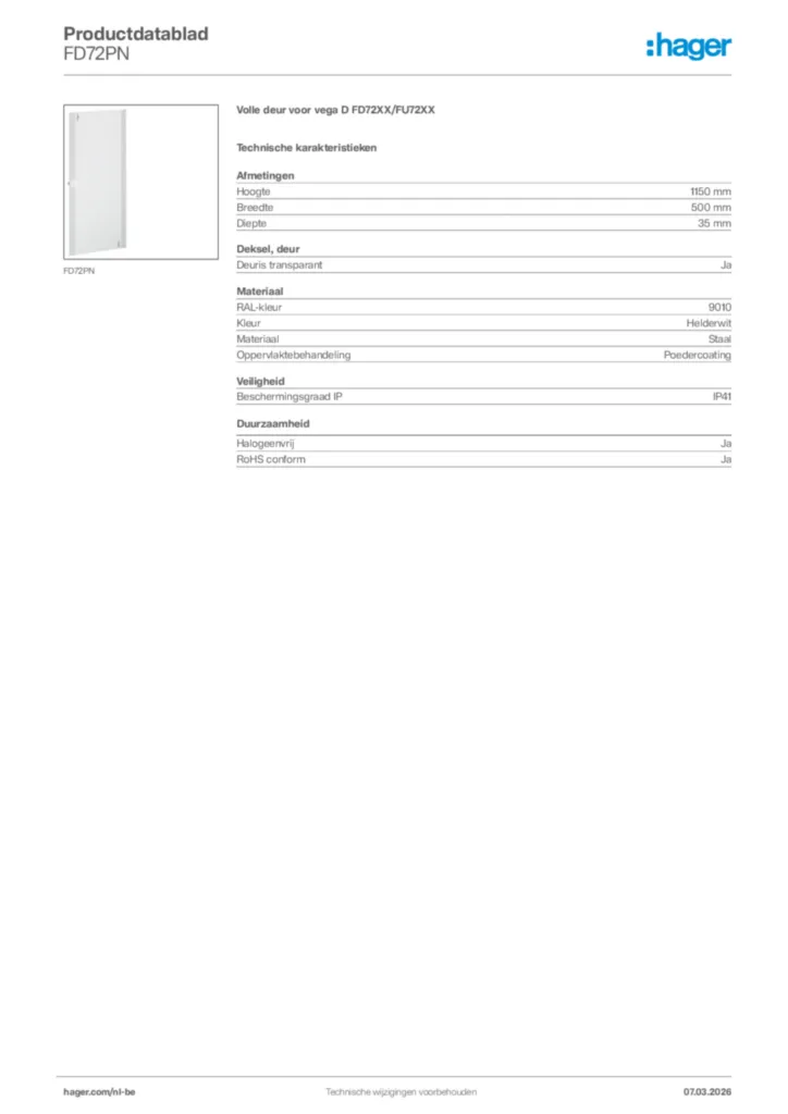 Afbeelding Hager Productdatablad FD72PN | Hager Belgium