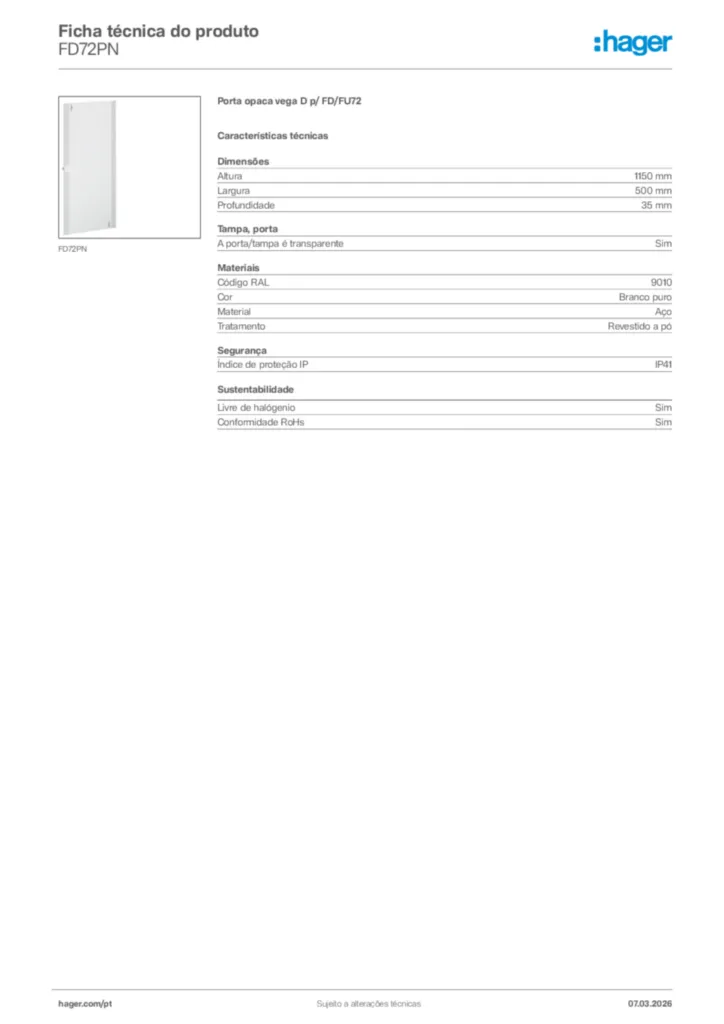 Imagem Hager Ficha técnica do produto FD72PN | Hager Portugal