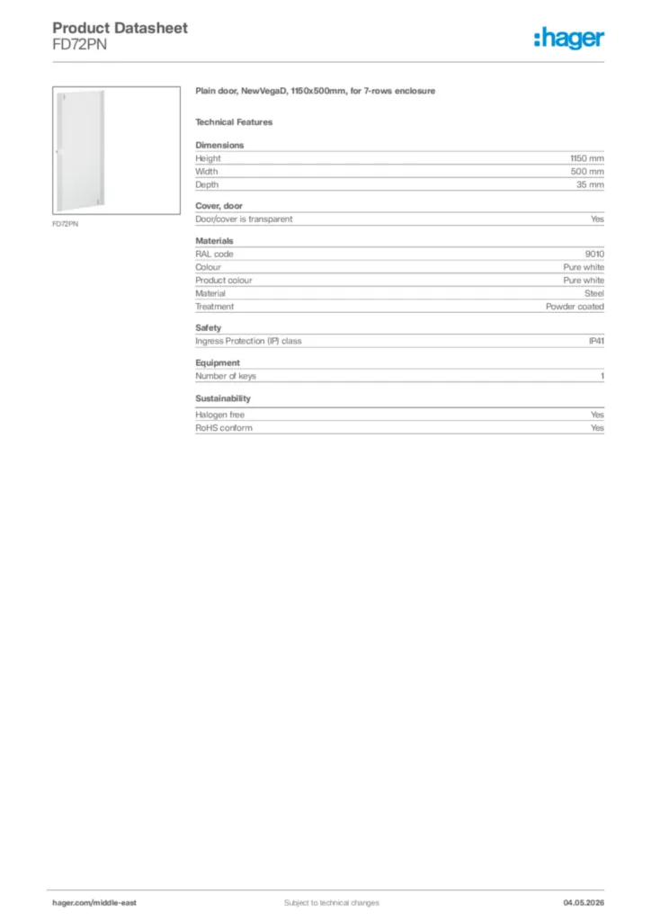 Image Hager Product data sheet FD72PN  | Hager