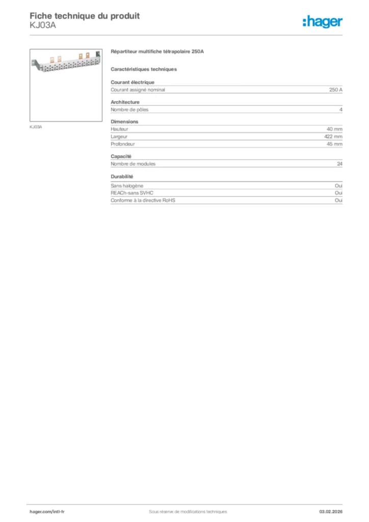 Image Hager Fiche technique du produit KJ03A | Hager Afrique