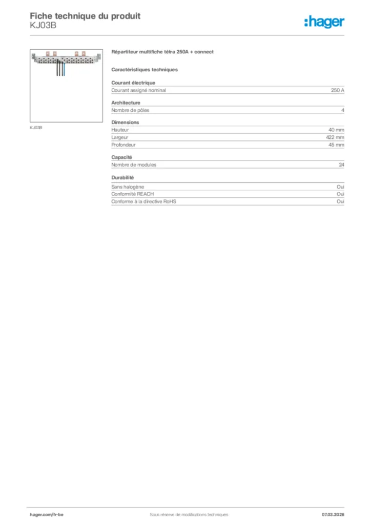 Image Hager Fiche technique du produit KJ03B | Hager Belgique