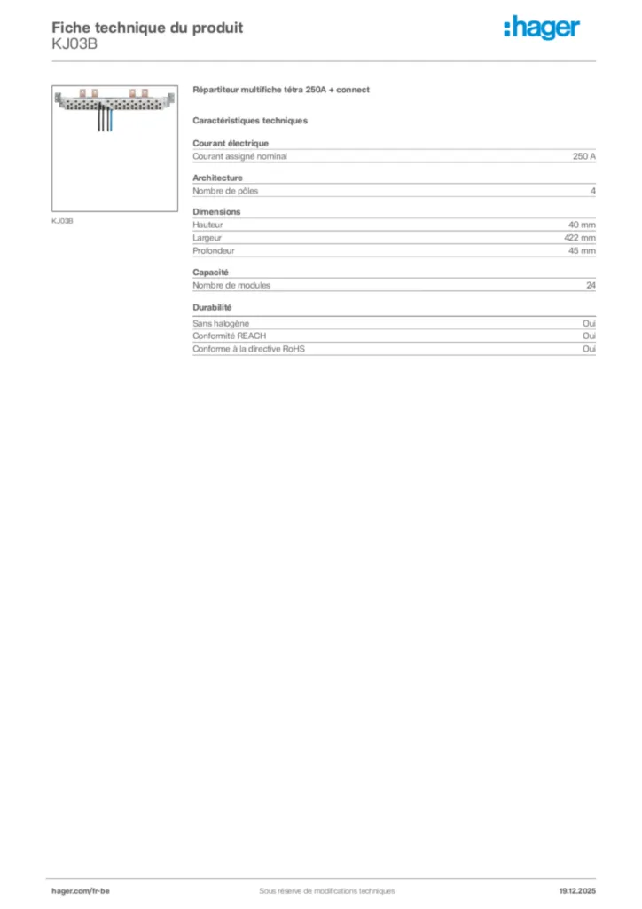 Image Hager Fiche technique du produit KJ03B | Hager Belgique