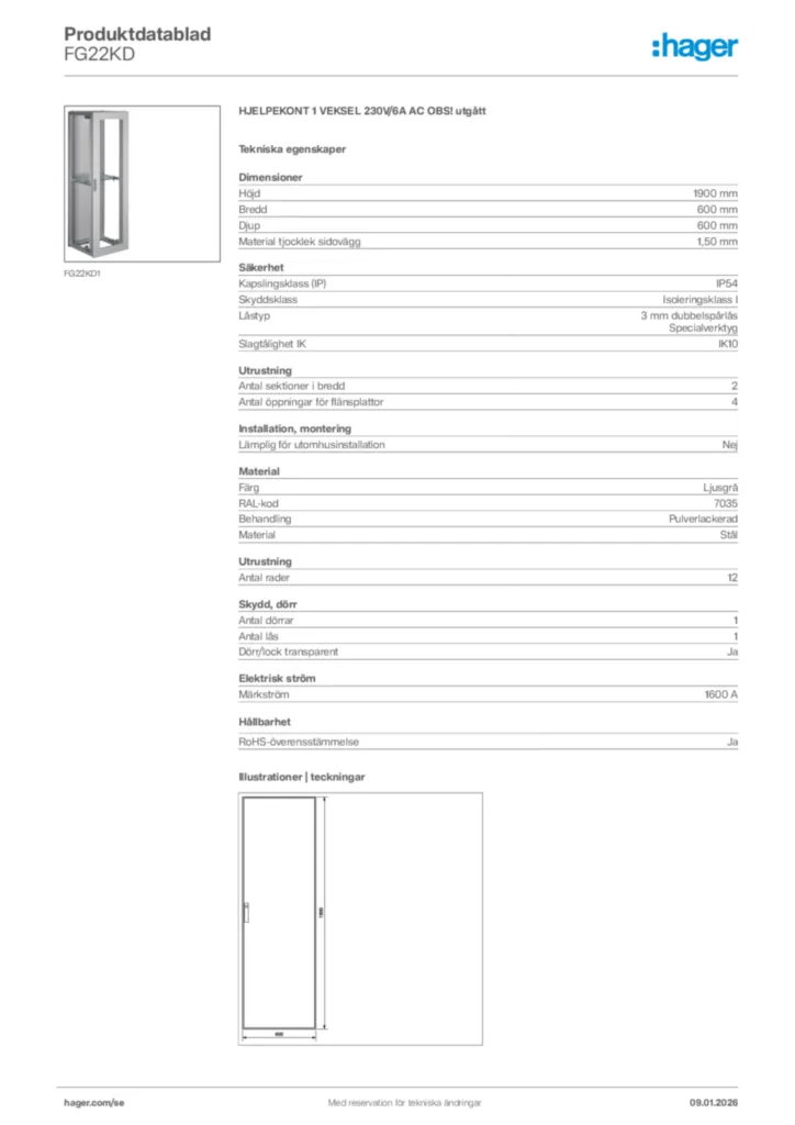 Bild Hager Produktdatablad FG22KD | Hager Sverige