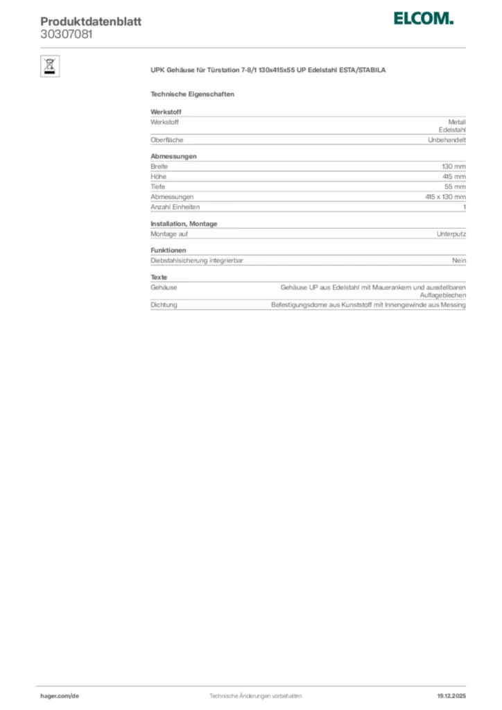 Bild Elcom Produktdatenblatt 30307081 | Hager Deutschland