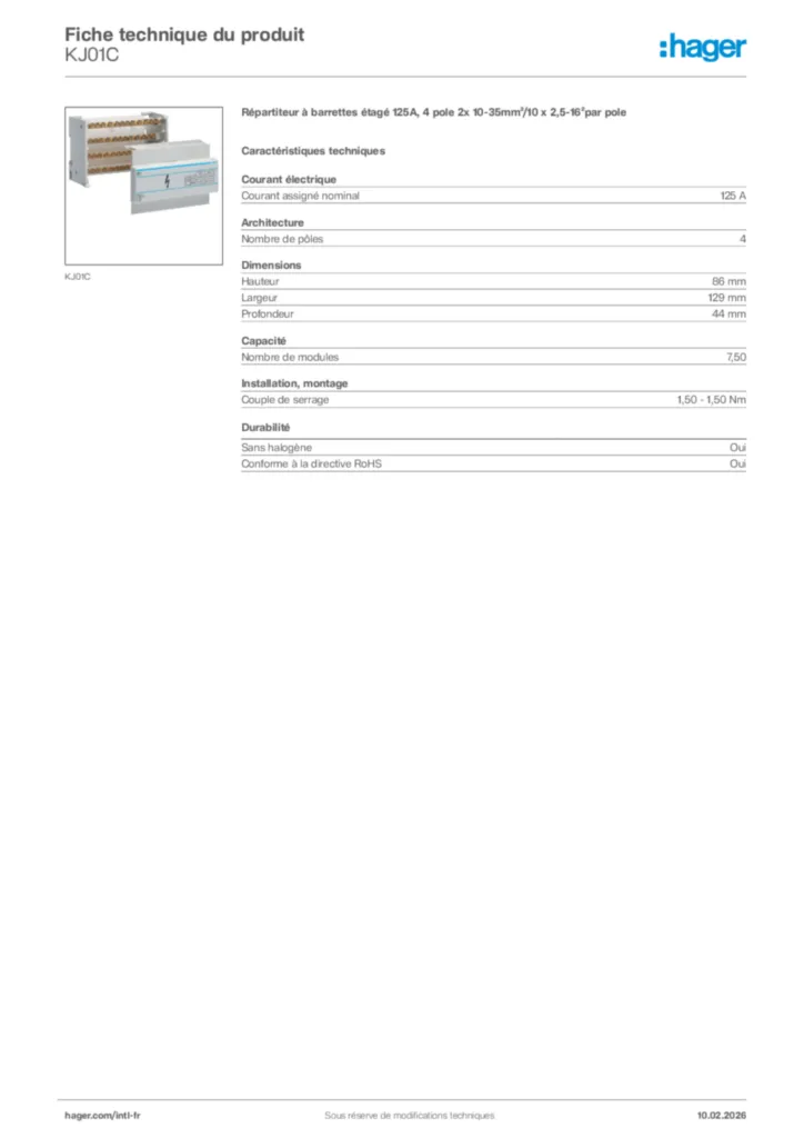 Image Hager Fiche technique du produit KJ01C | Hager Afrique