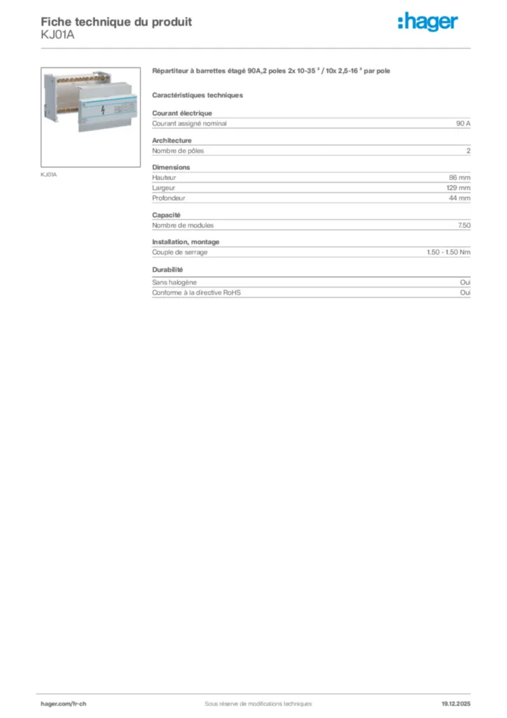 Image Hager Fiche technique du produit KJ01A | Hager Suisse