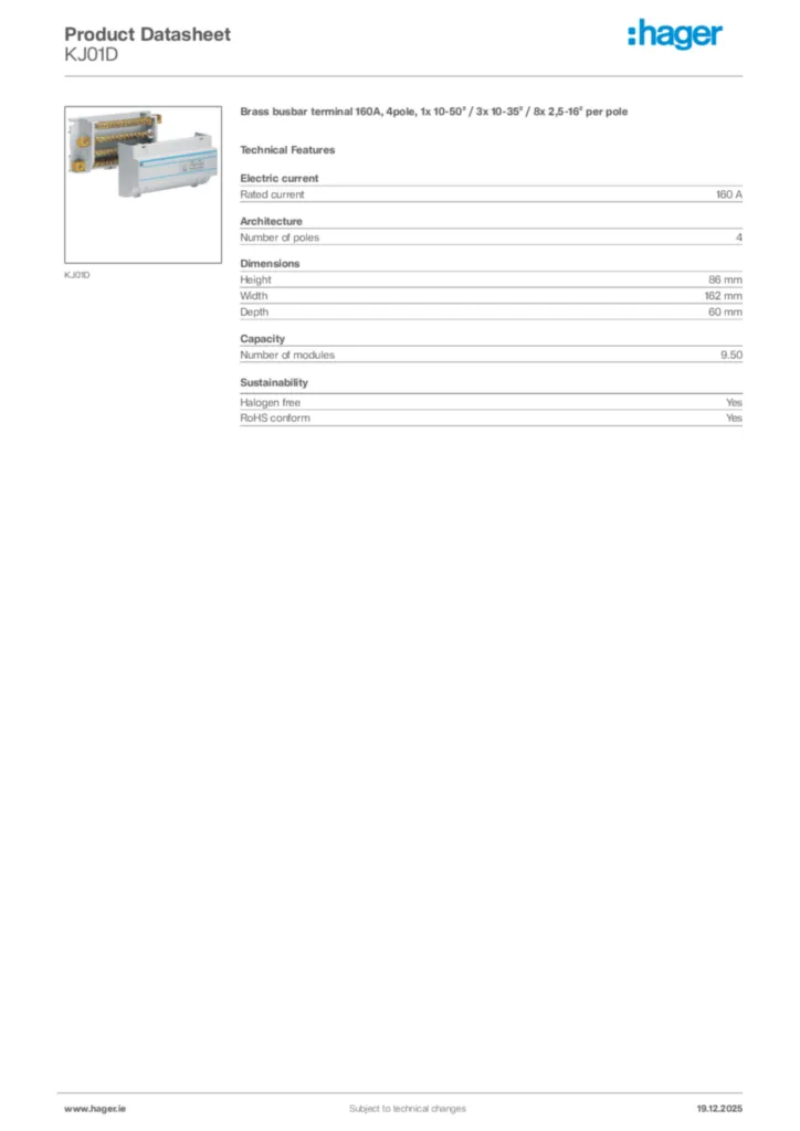 Image Hager Product data sheet KJ01D  | Hager