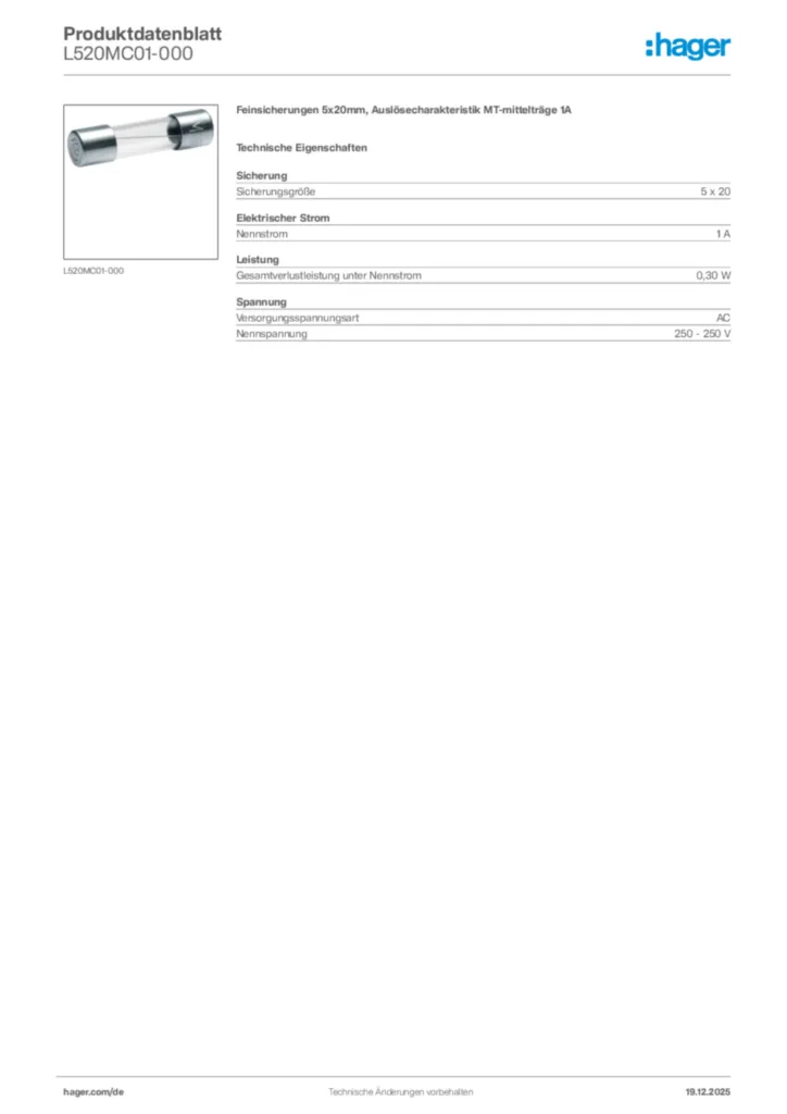 Bild Hager Produktdatenblatt L520MC01-000 | Hager Deutschland