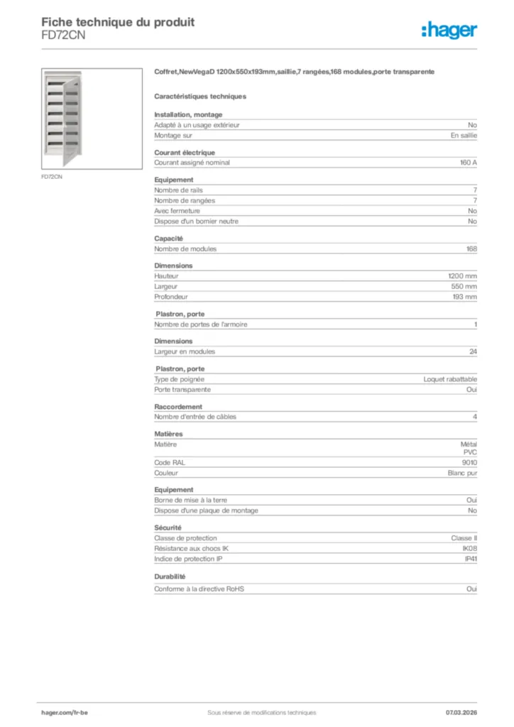 Image Hager Fiche technique du produit FD72CN | Hager Belgique