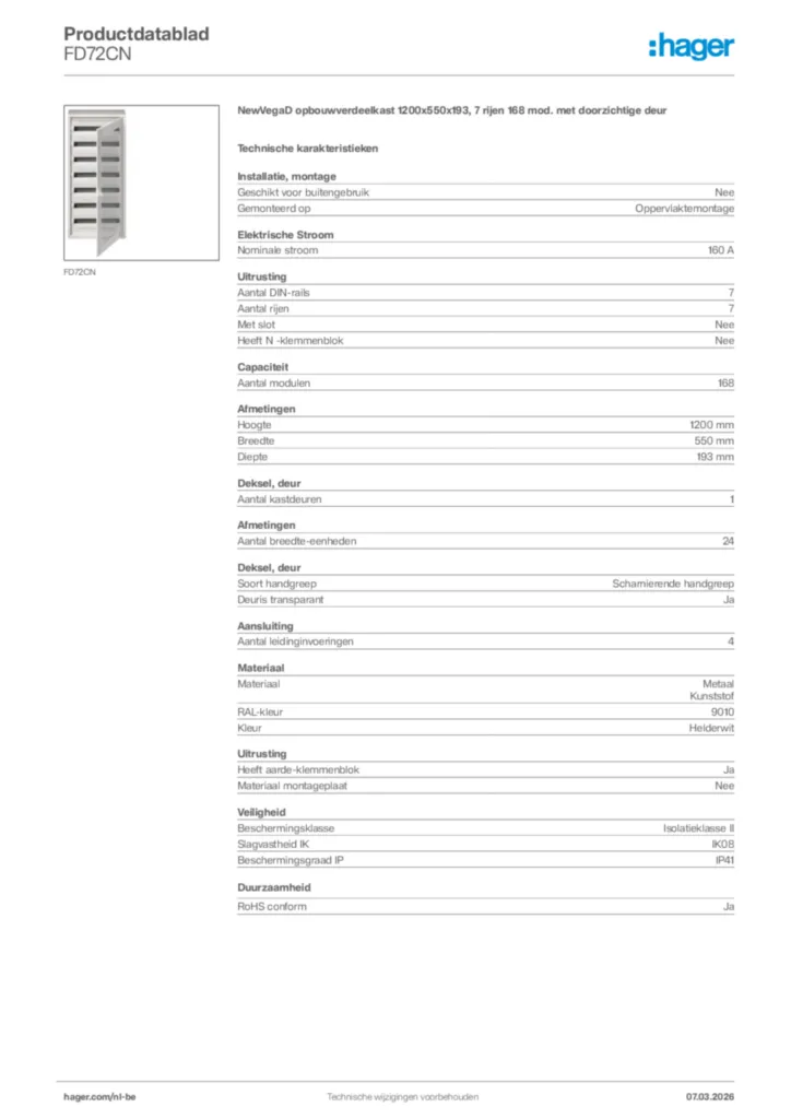 Afbeelding Hager Productdatablad FD72CN | Hager Belgium