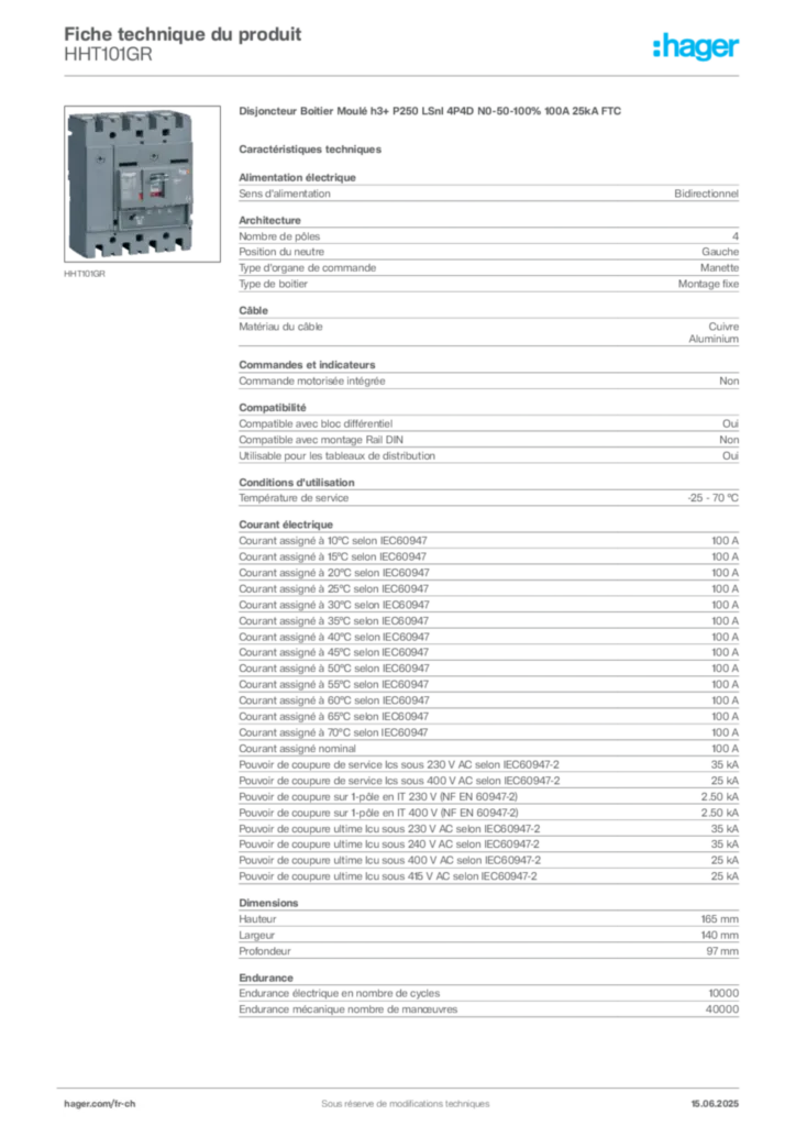 Image Hager Fiche technique du produit HHT101GR | Hager Suisse