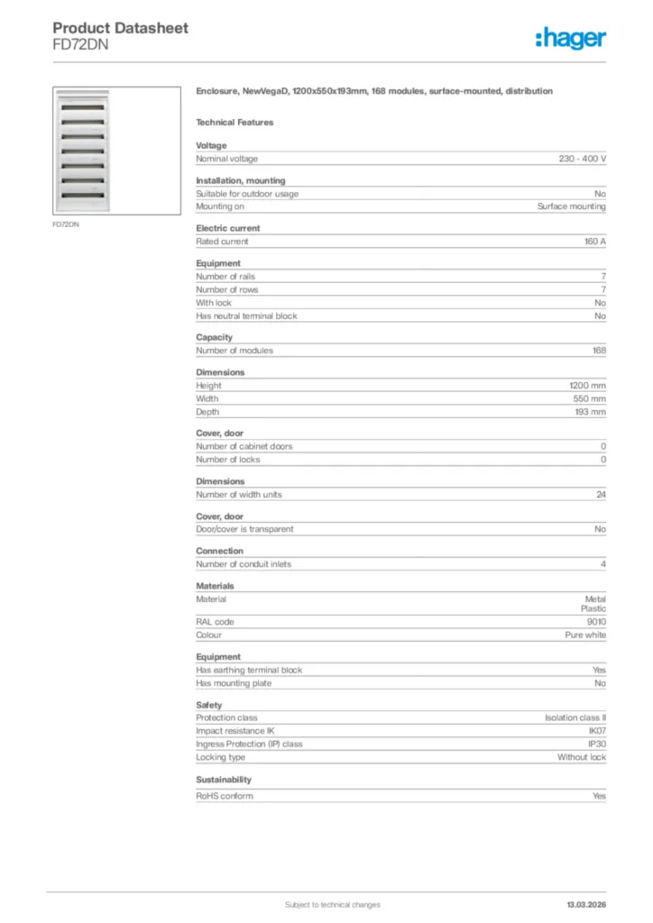 Image Hager Product data sheet FD72DN  | Hager Africa
