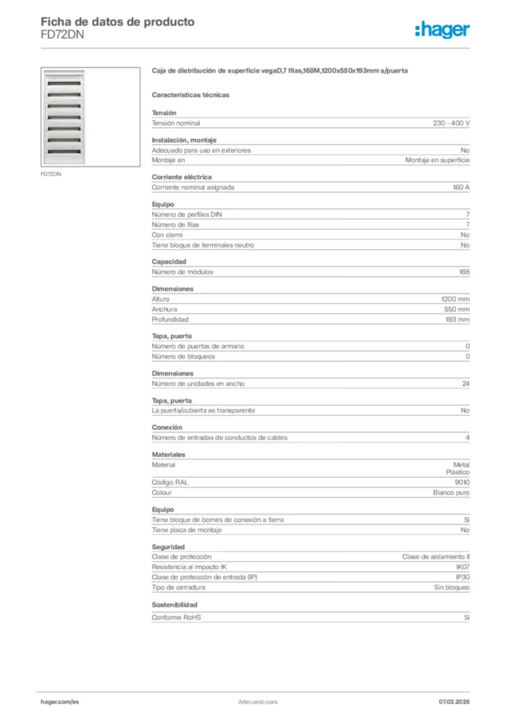 Imagen Hager Ficha de datos de producto FD72DN | Hager España