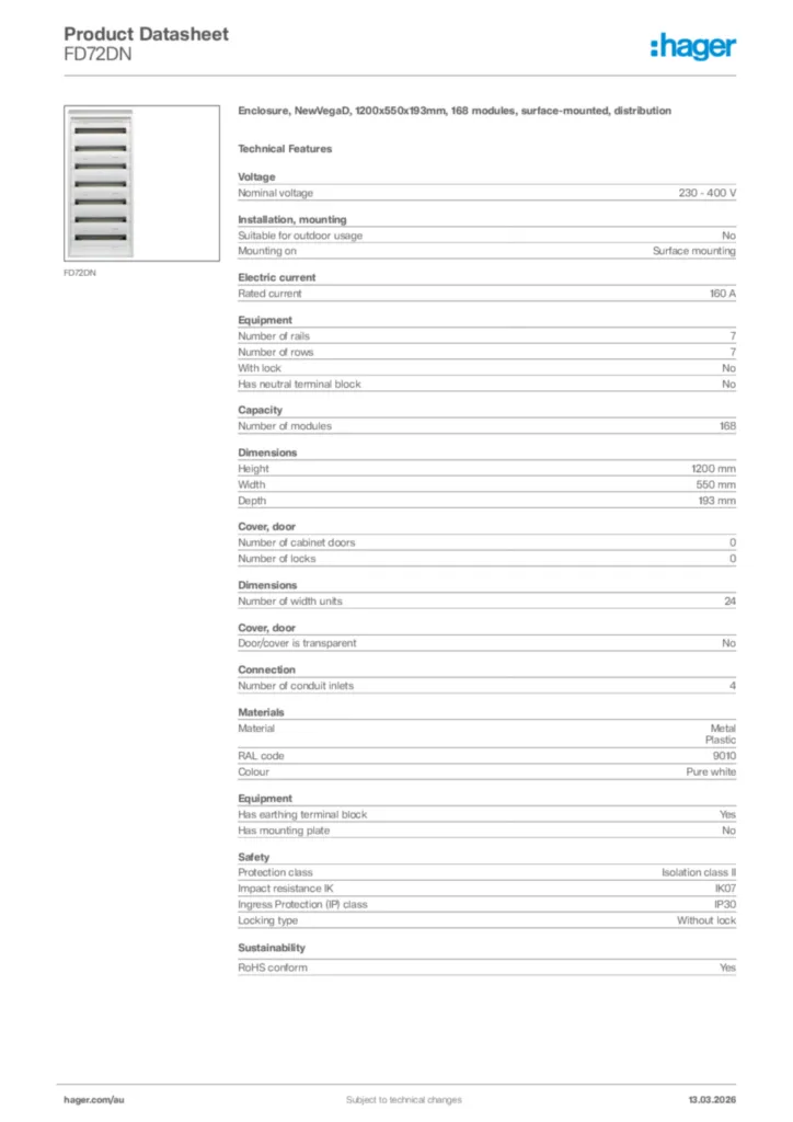 Image Hager Product data sheet FD72DN  | Hager Australia
