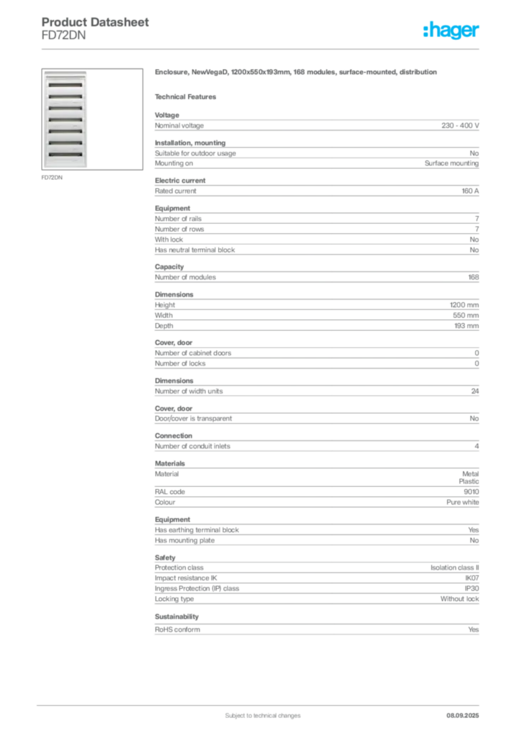 Image Hager Product data sheet FD72DN  | Hager